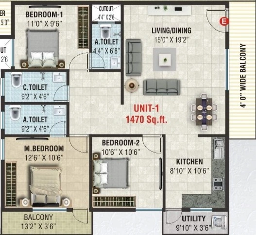 Sai Omkar Residency 3BHK Unit 1 Floor Plan 1470 Sqft