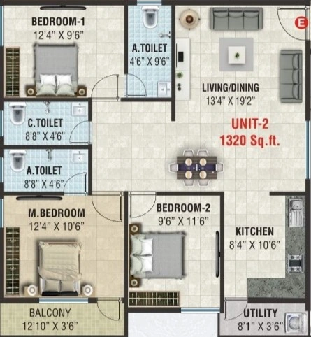 Sai Omkar Residency 3BHK Unit 2 Floor Plan 1320 Sqft