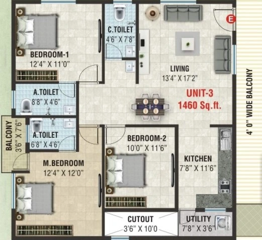Sai Omkar Residency 3BHK Unit 3 Floor Plan 1460 Sqft