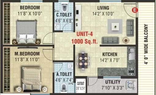 Sai Omkar Residency 2BHK Unit 4 Floor Plan 1000 Sqft