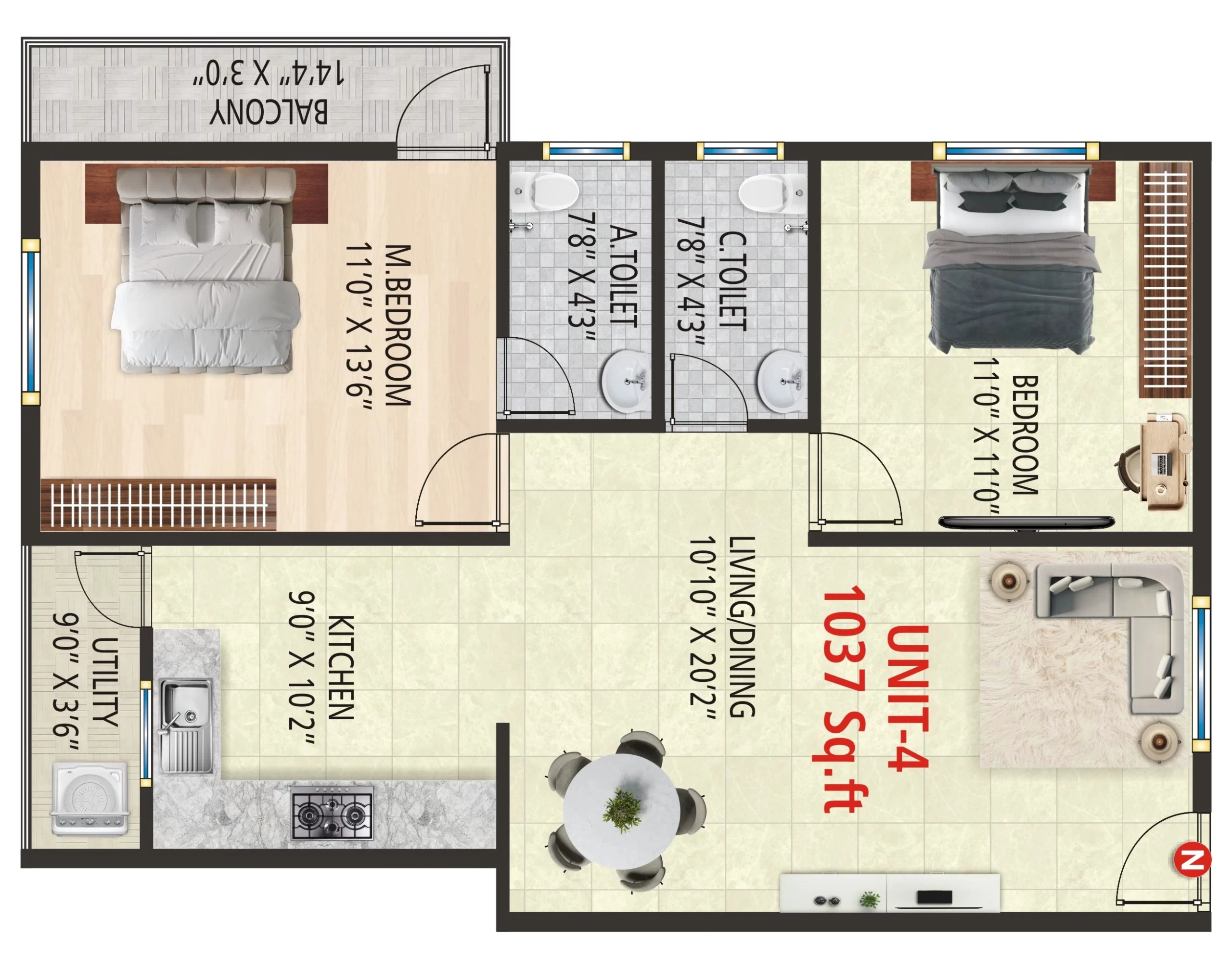 2BHK Unit 4 - 1037 Sqft Floor Plan