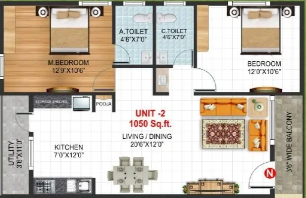 Sai Omkar Residency 2BHK Unit 2 Floor Plan 1050 Sqft