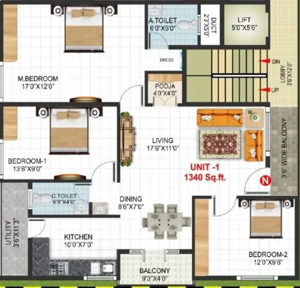 Sai Omkar Residency 3BHK Unit 1 Floor Plan 1340 Sqft