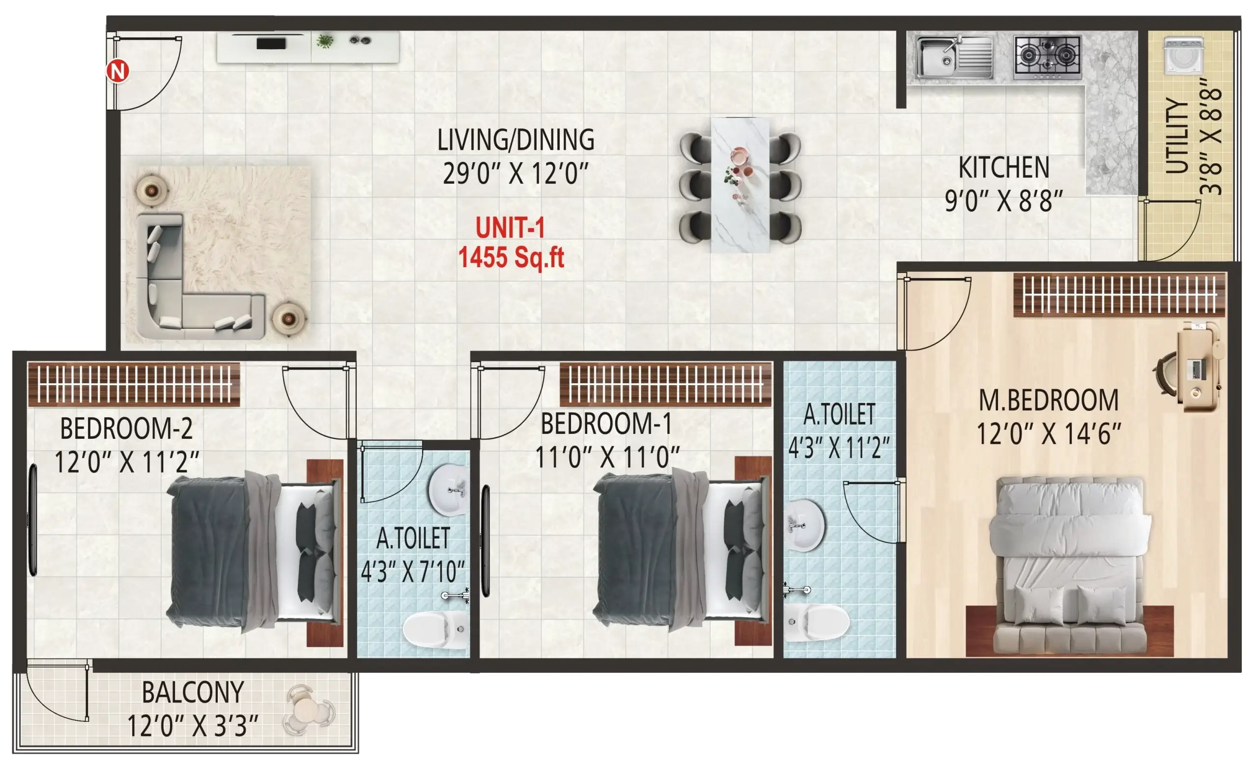 3BHK Unit 1 Floor Plan 1455 Sqft