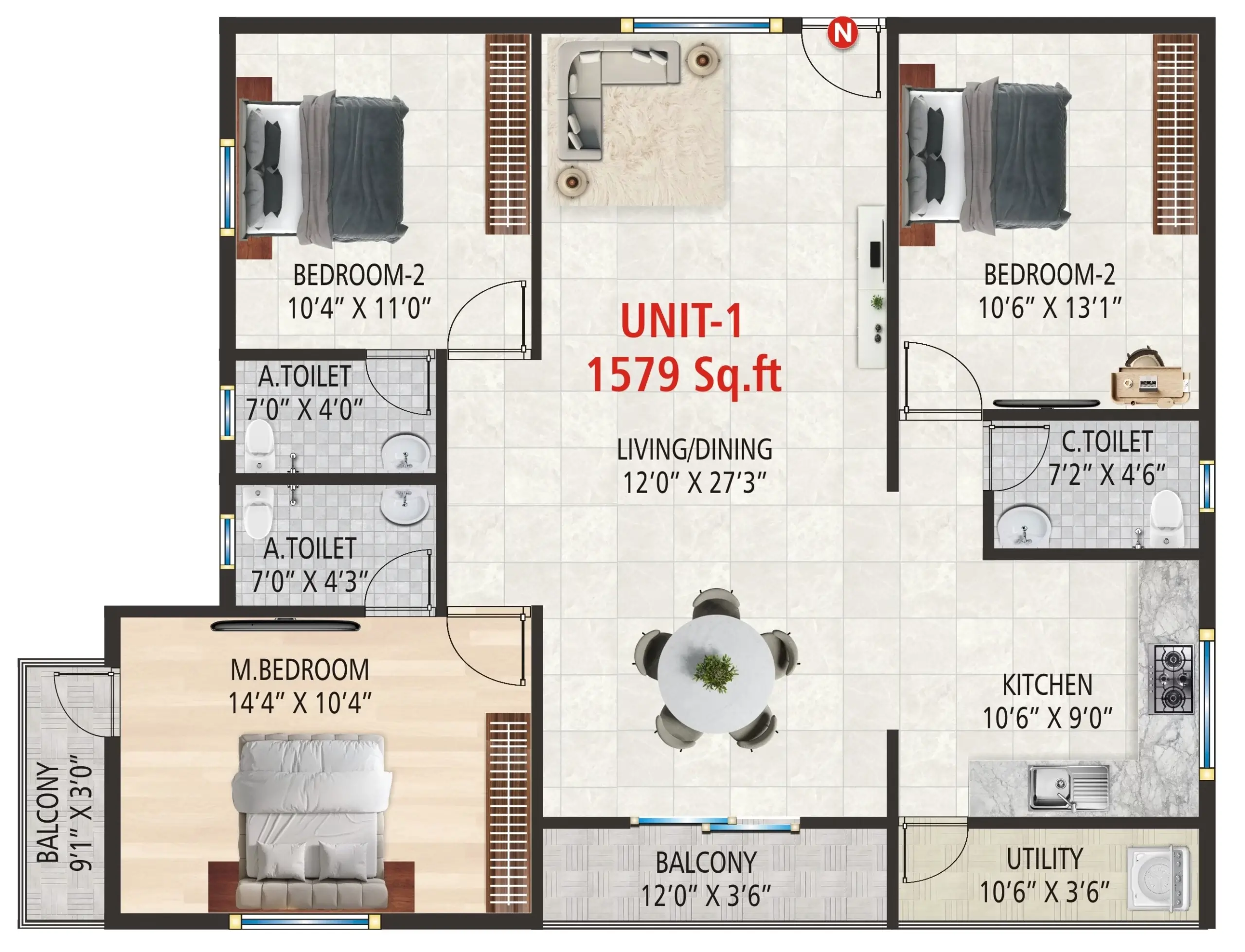 3BHK Unit 1 - 1576 Sqft Floor Plan