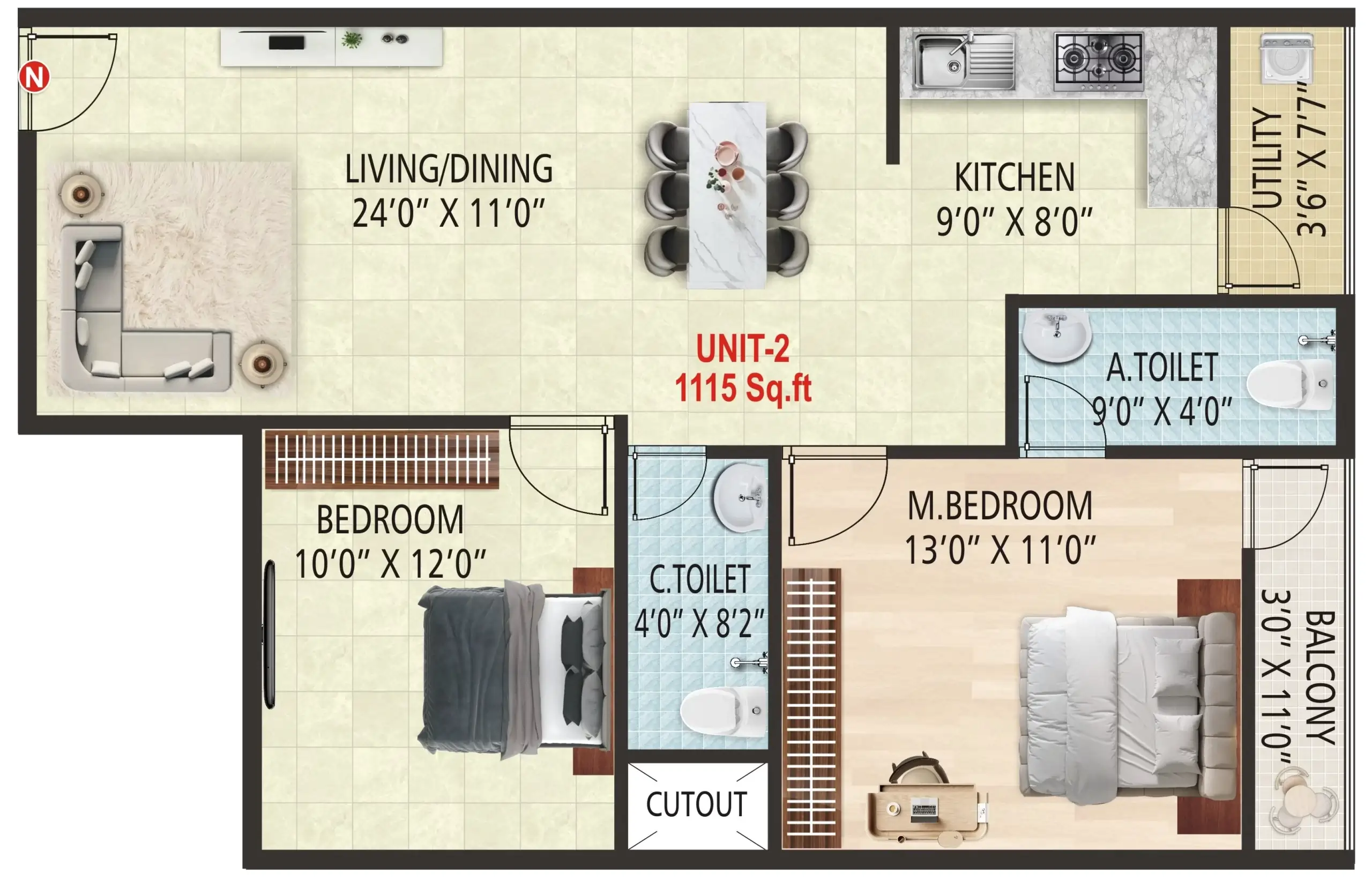 2BHK Unit 2 Floor Plan 1115 Sqft