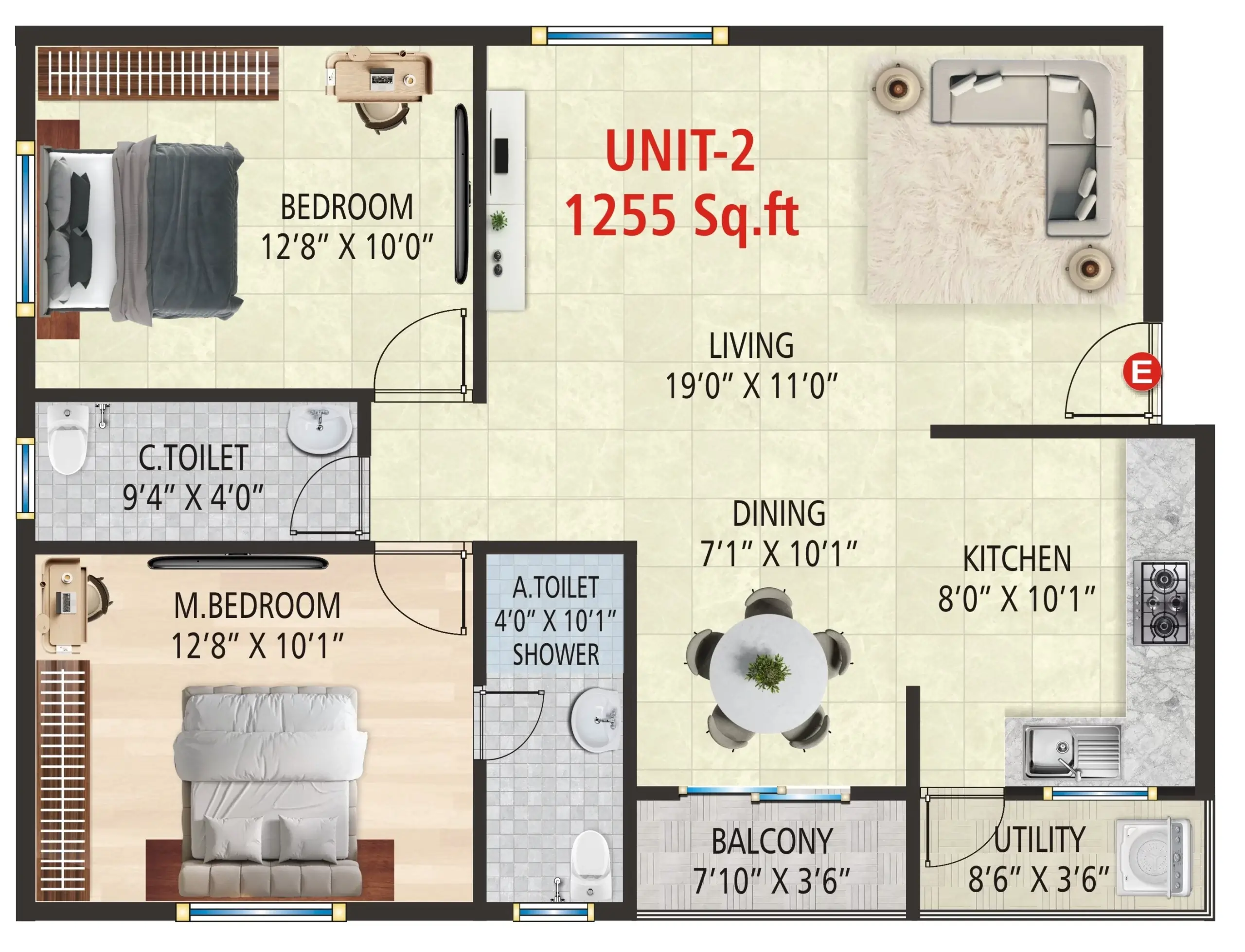 2BHK Unit 2 - 1255 Sqft Floor Plan