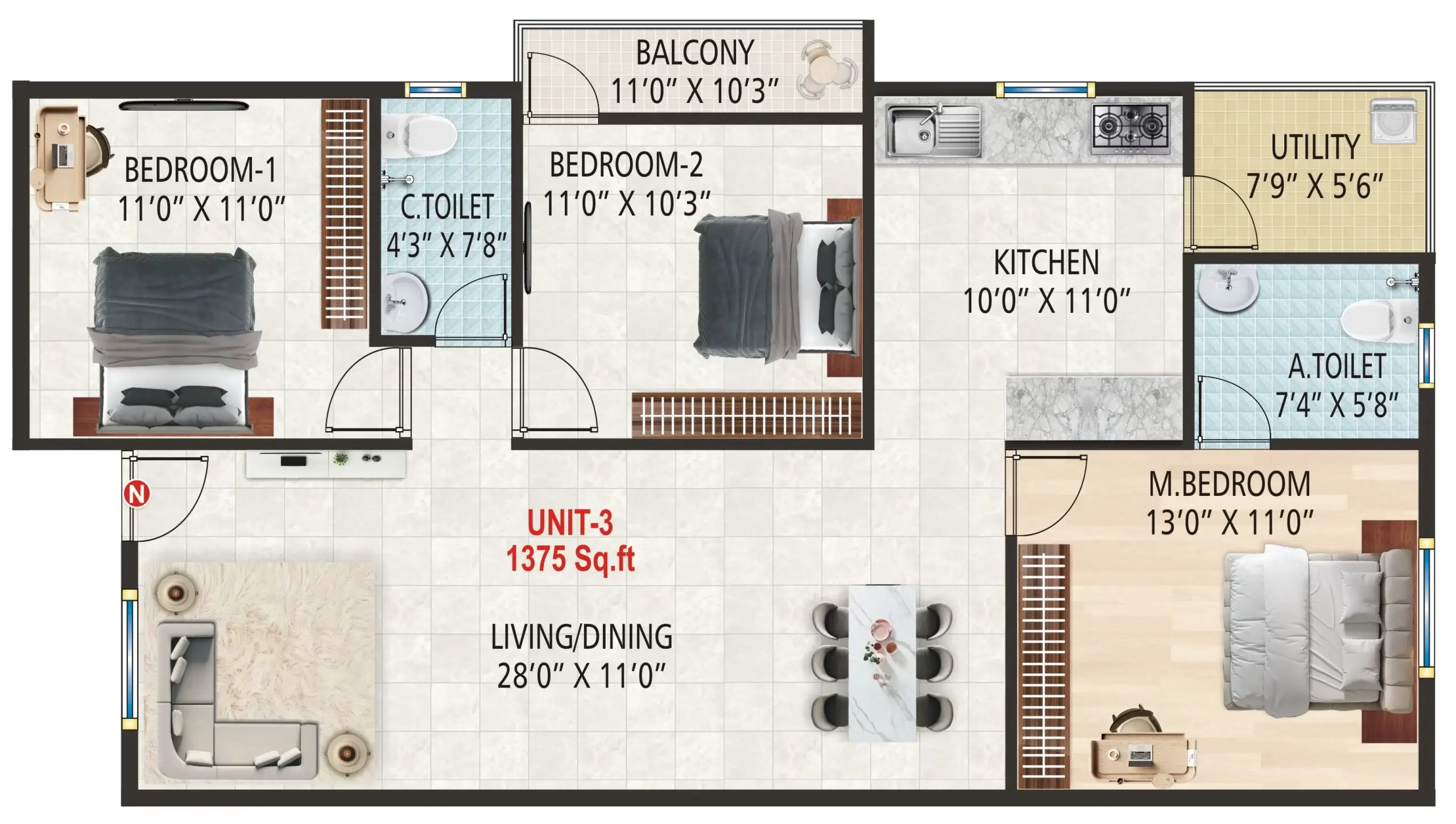 2BHK Unit 3 Floor Plan 1375 Sqft