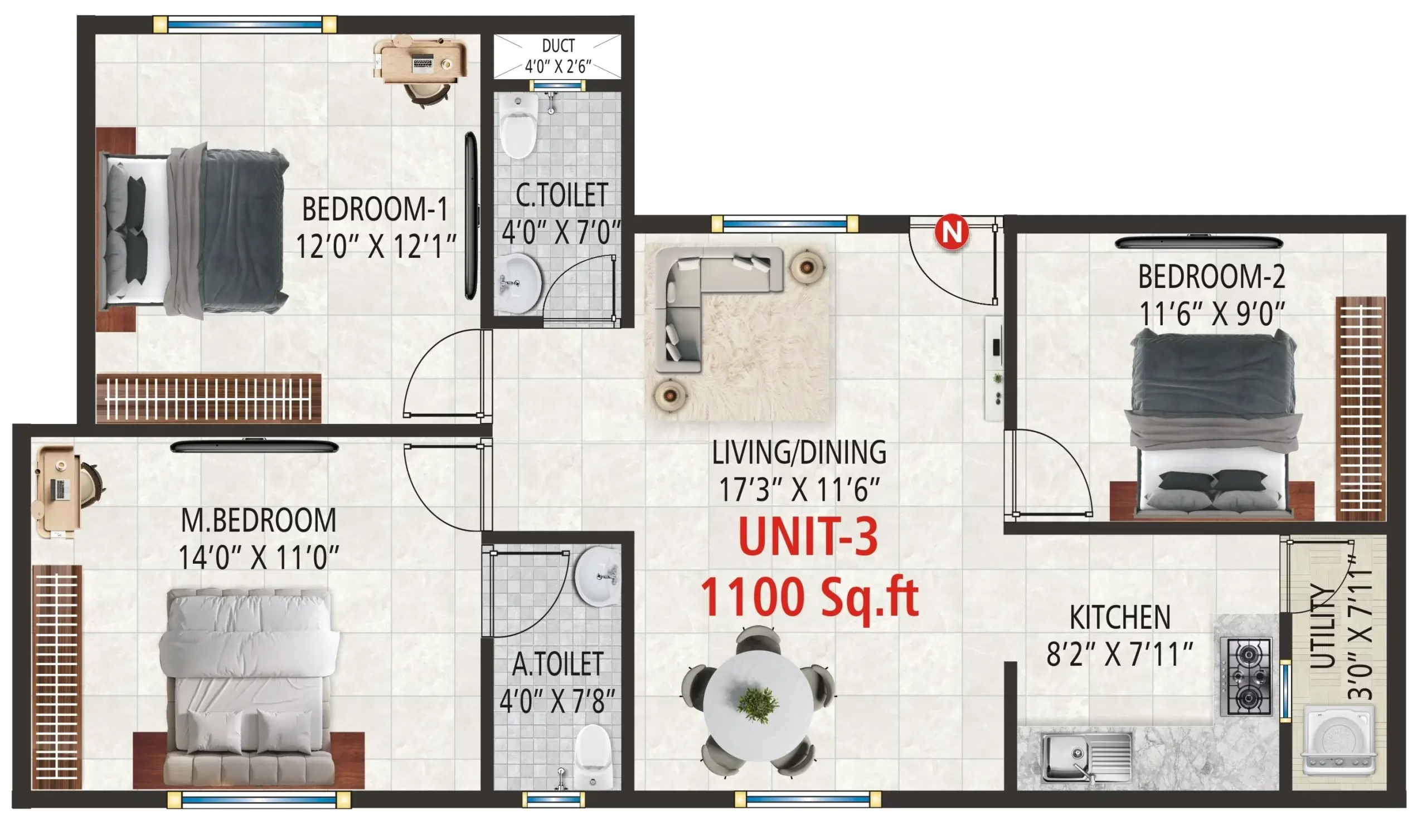 3BHK Unit 3 - 1100 Sqft Floor Plan