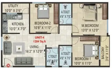 SV Sri Balaji Residency Unit 4 3BHK Floor Plan