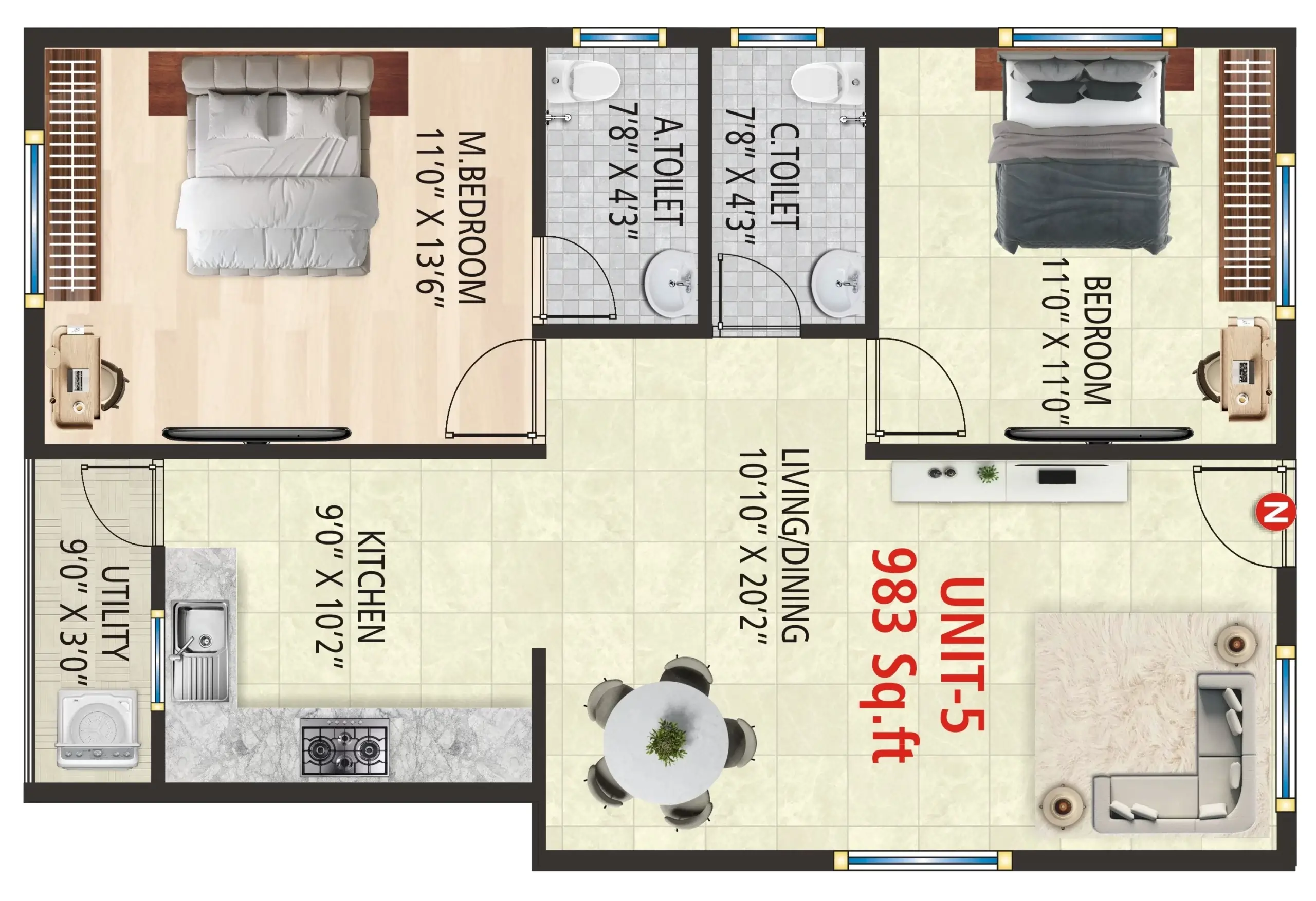 2BHK Unit 5 - 983 Sqft Floor Plan
