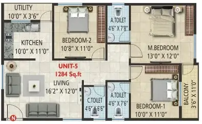 SV Sri Balaji Residency Unit 5 3BHK Floor Plan