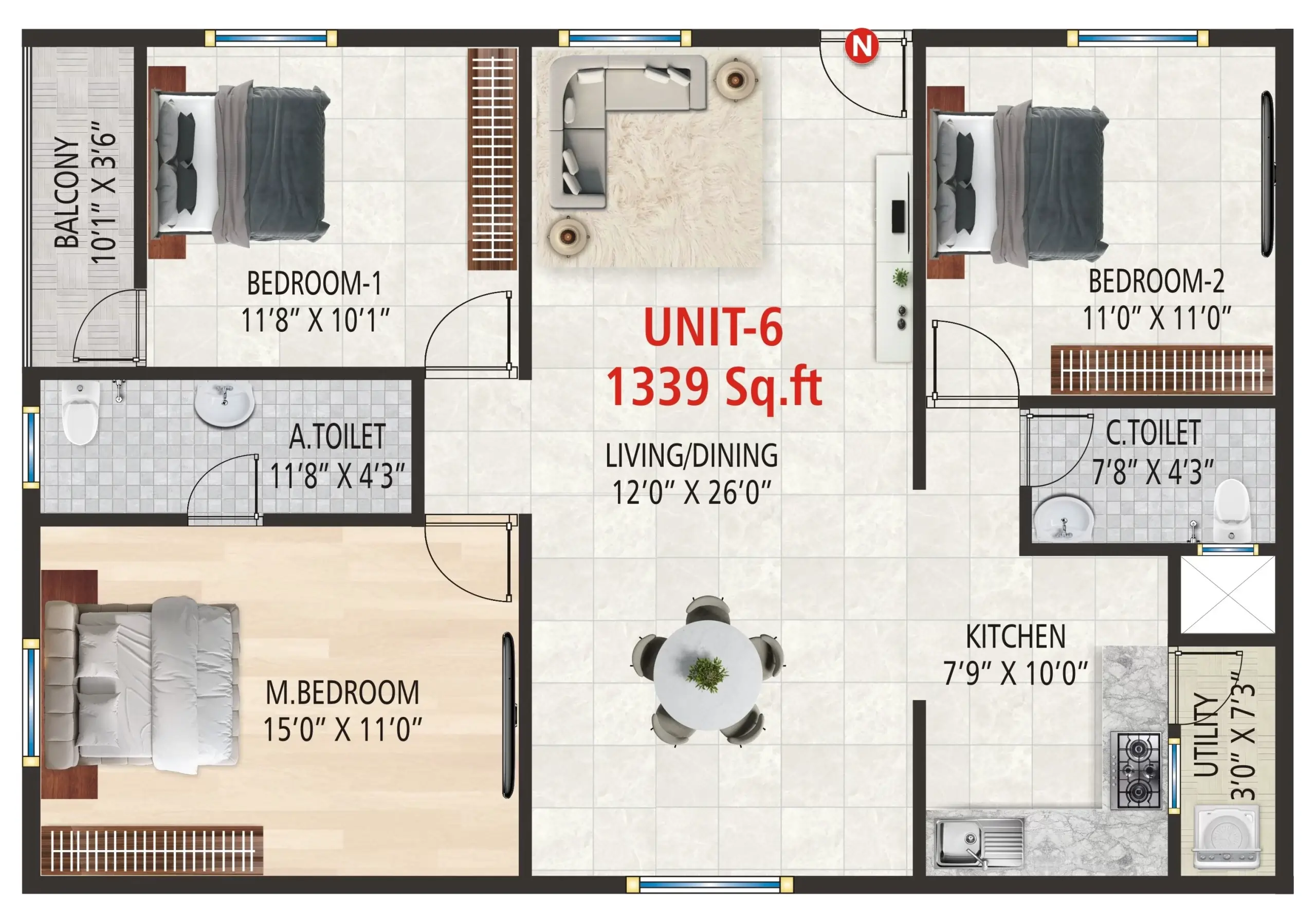 3BHK Unit 6 - 1339 Sqft Floor Plan