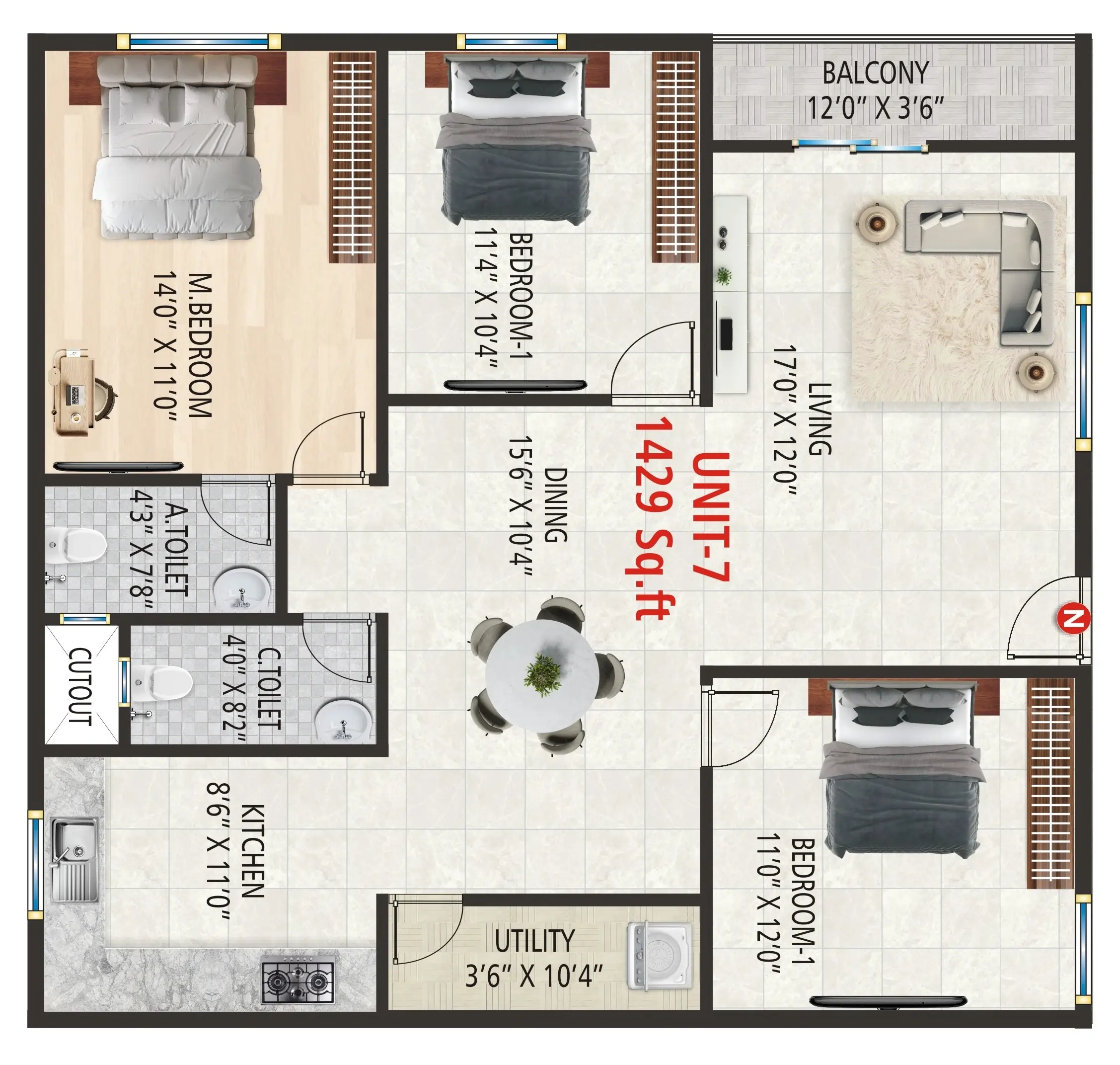 3BHK Unit 7 - 1429 Sqft Floor Plan