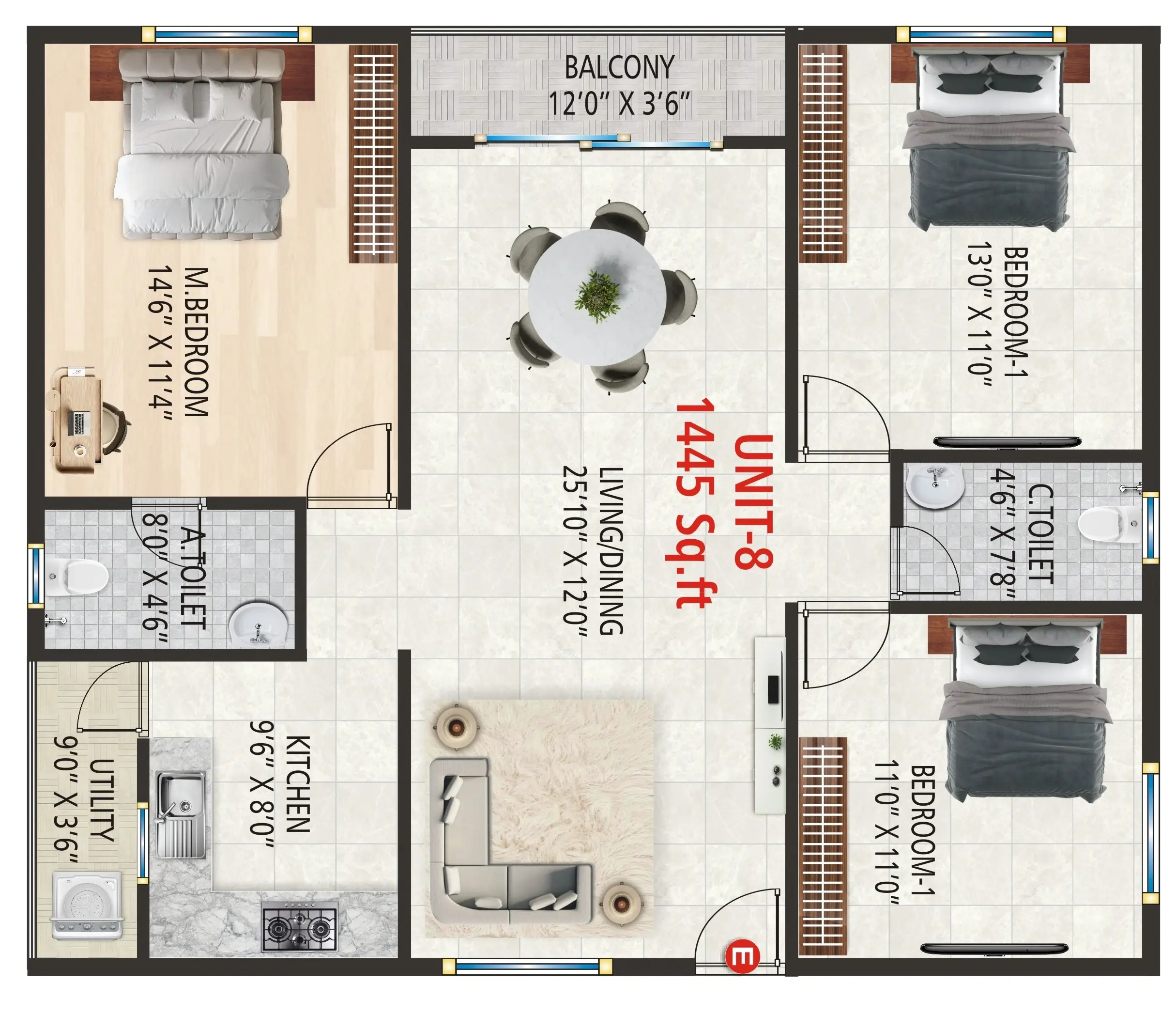 3BHK Unit 8 - 1445 Sqft Floor Plan